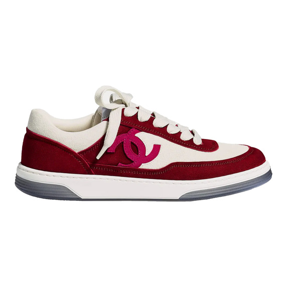 Chanel 23P Burgundy Suede White CC Logo Flat Lace Up Runner Trainer Sneaker 37 - Picture 1 of 15